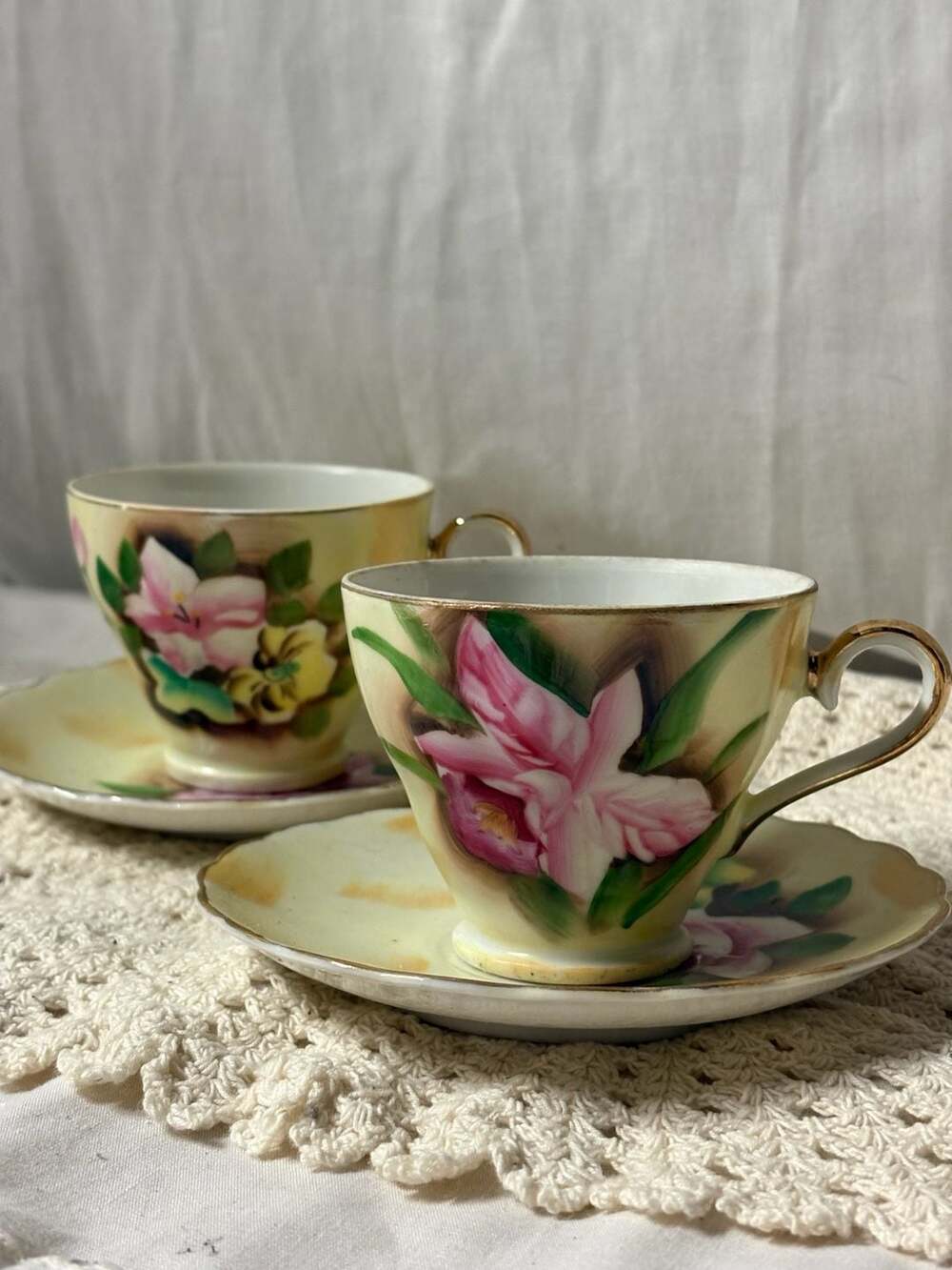 Vintage Enesco Porcelain Tea Cup & Saucer Set: Hand-painted Floral